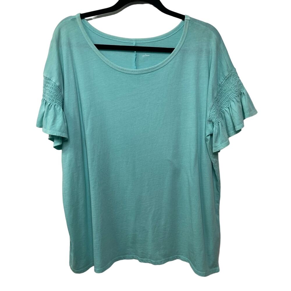 a.n.a Short Sleeve Oversize T-Shirt Top Scoop Neck Ruffle Cotton Teal‎ Blue L